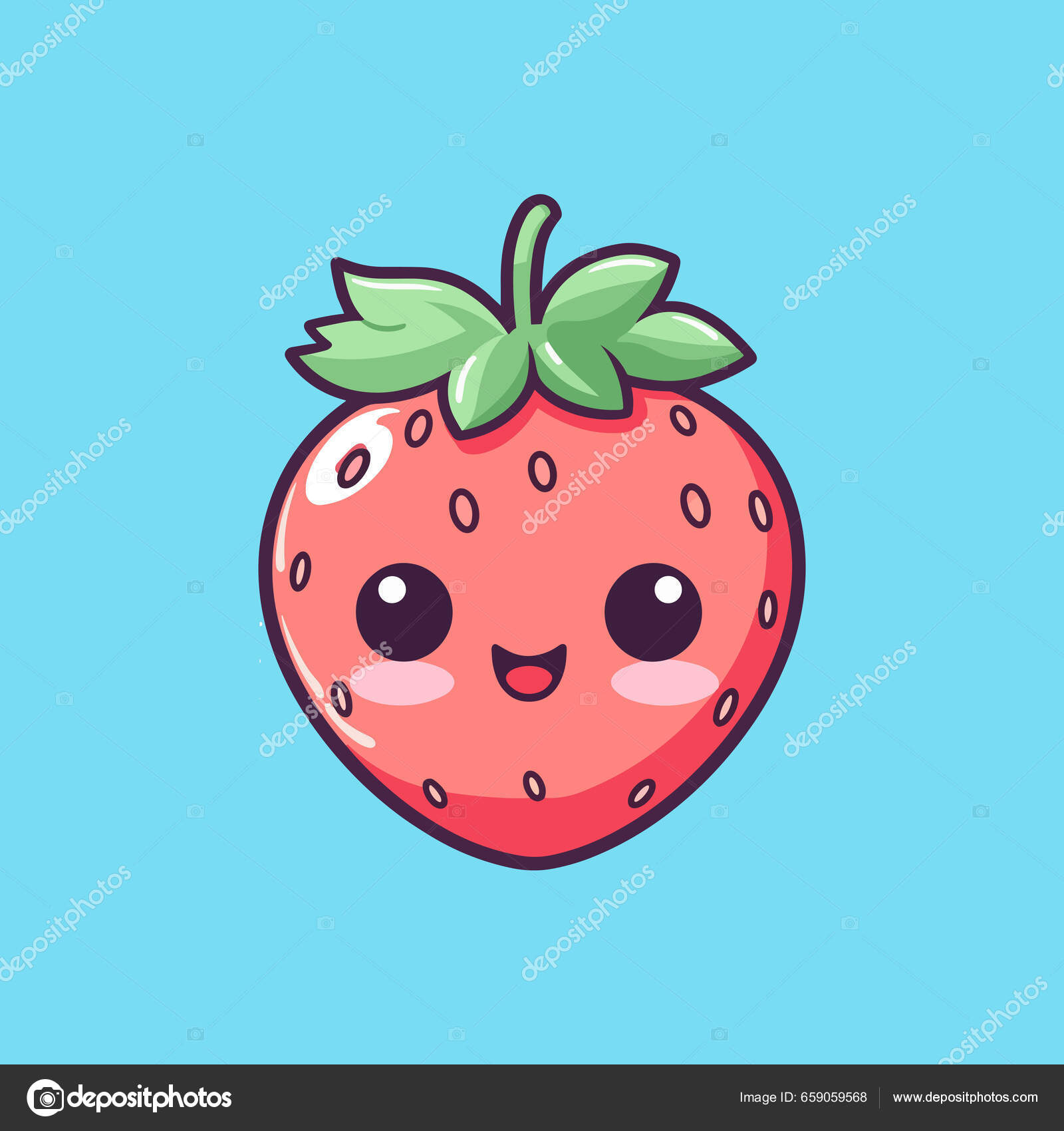 Kawaii Morango Desenho Animado Ilustração Vetor imagem vetorial de