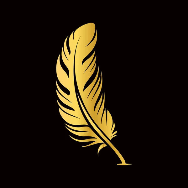 Goldene Vogelfeder Dekoratives Gestaltungselement Isoliert Auf Schwarzem Hintergrund — Stockvektor