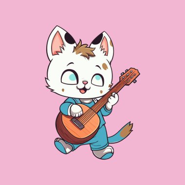 Pembe arka planda gitar çalan sevimli bir kedi.