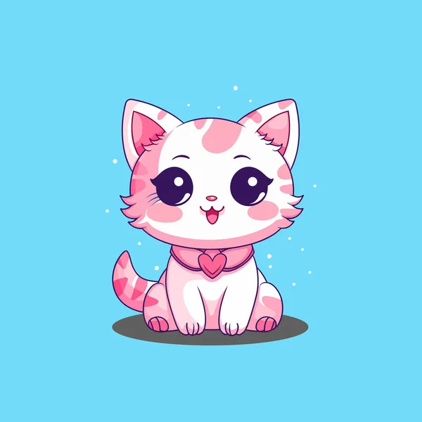 Cute Różowy Kot Komiks Postać Uśmiechniętą Twarzą — Wektor stockowy