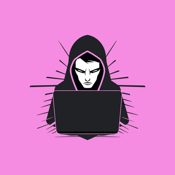 带有粉色背景笔记本电脑的黑客 — 图库矢量图片