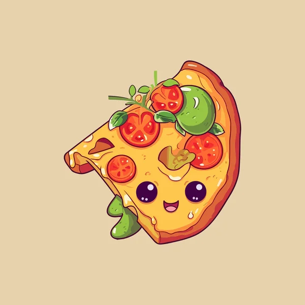 Una Diapositiva Linda Deliciosa Pizza Vegetariana Kawaii — Vector de stock