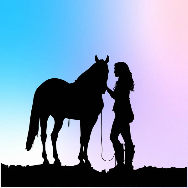 Silhuetten Flicka Att Kyss Häst — Stock vektor