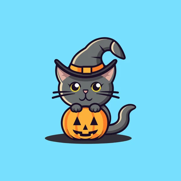Leuke Zwarte Kat Binnen Halloween Pompoen Met Gesneden Spookachtig Gezicht — Stockvector