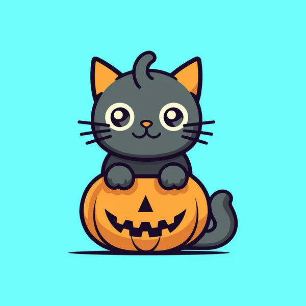 Chat Gris Sur Vecteur Citrouille Halloween — Image vectorielle