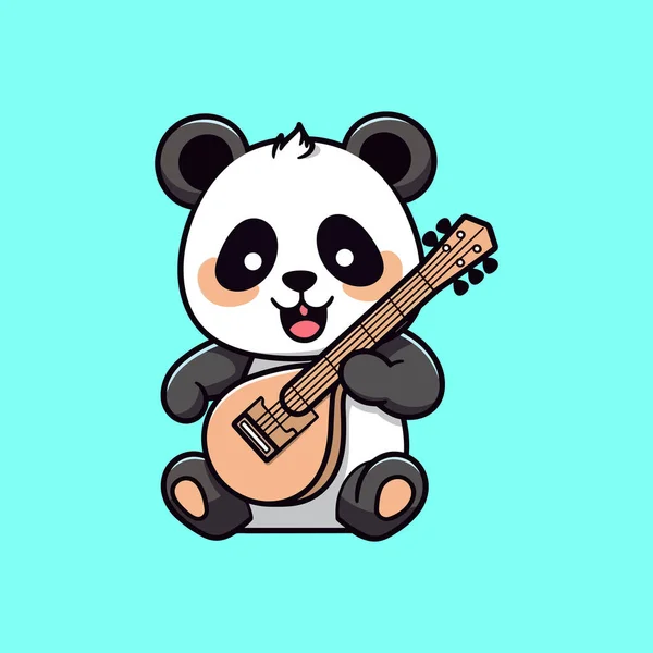 Cute Panda Playing Guitar Isolated Blue Background — Stock Vector