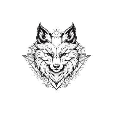 Beyaz arka planda siyah çizgi dövmeli kurt.
