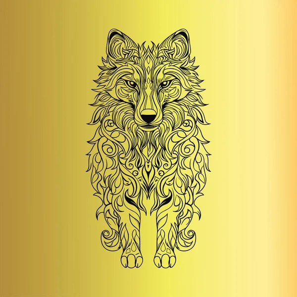 Черный Волк Линии Тела Золотом Фоне — стоковый вектор