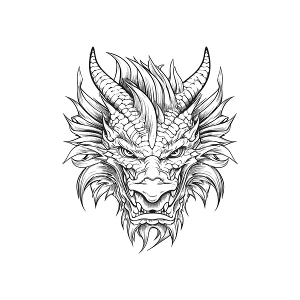 Tête Dragon Art Ligne Noir Blanc — Image vectorielle