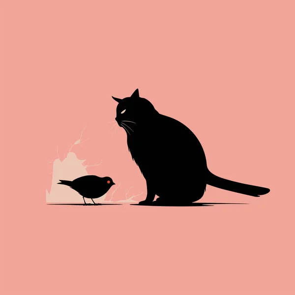 Gato Preto Com Ilustração Vetor Pássaro —  Vetores de Stock