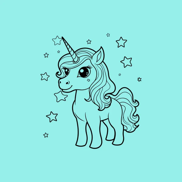 Outlined Smiling Unicorn Vector Line Art Illustration Coloring Page — Stock Vector