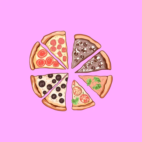 Zes Delicious Pizza Slices Een Roze Achtergrond — Stockvector
