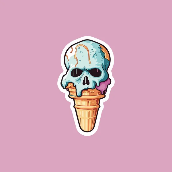 Sticker Adorable Skull Ice Cream Cone Treat — Stock Vector