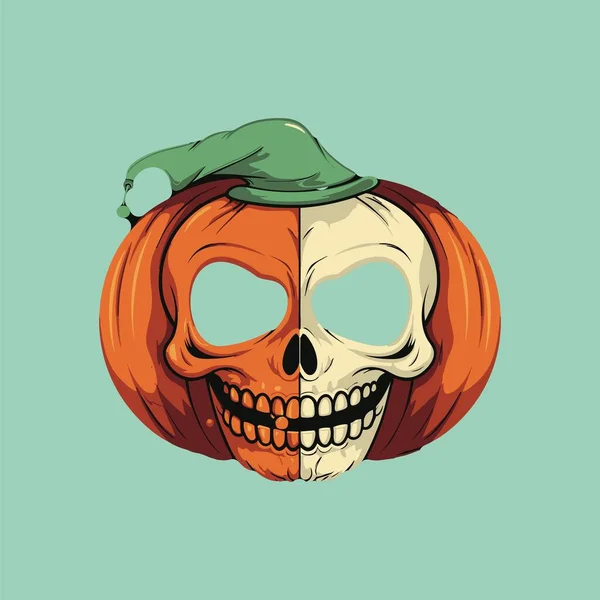 Mezzo Cranio Mezza Zucca Halloween Illustrazione — Vettoriale Stock