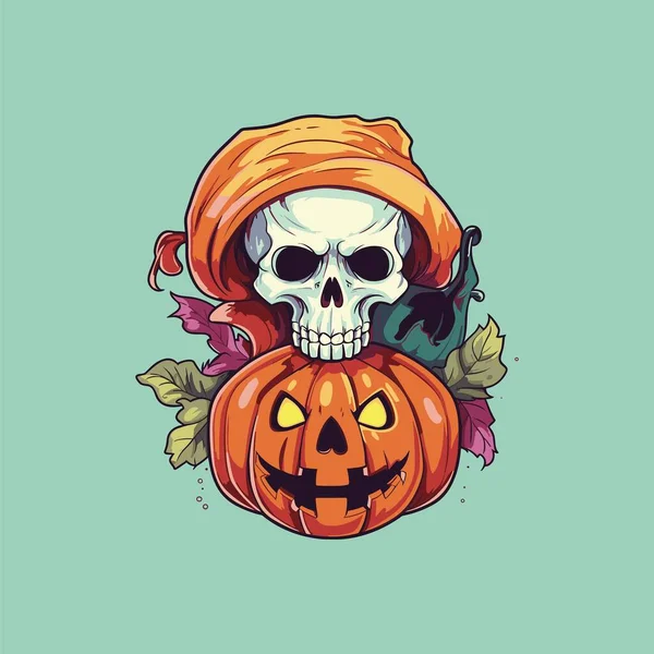 Design Halloween Com Meio Crânio Meio Abóbora — Vetor de Stock
