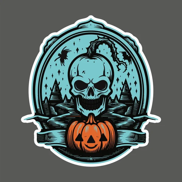 Badge Halloween Con Teschio Spettrale Zucca — Vettoriale Stock