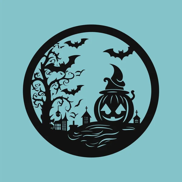 Abóbora Halloween Com Morcego Árvore Fantasma — Vetor de Stock