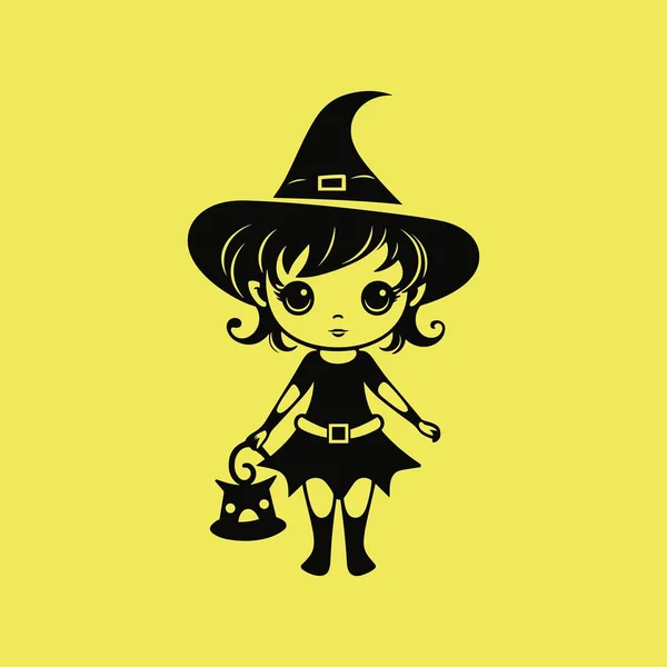 Маленькая Ведьма Держит Тыквенный Силуэт — стоковый вектор