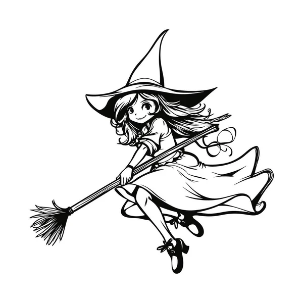 Silhouette Beautiful Witch Girl Broom Vector — Stock Vector
