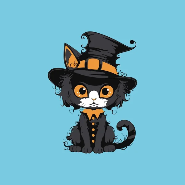 Schwarze Katze Mit Hexenhut Und Anzugvektorillustration — Stockvektor