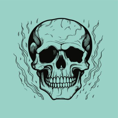 Black Skull with Flames on Turquoise Background clipart