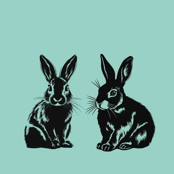 Two Black Rabbits Facing Each Other Light Blue Background — Stock Vector