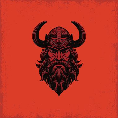 Kızıl Arkaplanda Viking Miğferi ve Sakalı