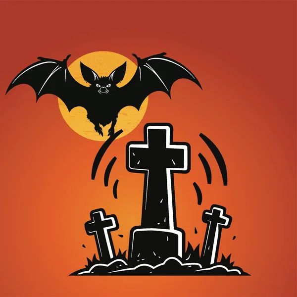 Morcego Assustador Voando Sobre Cemitério Cheio Cruz — Vetor de Stock