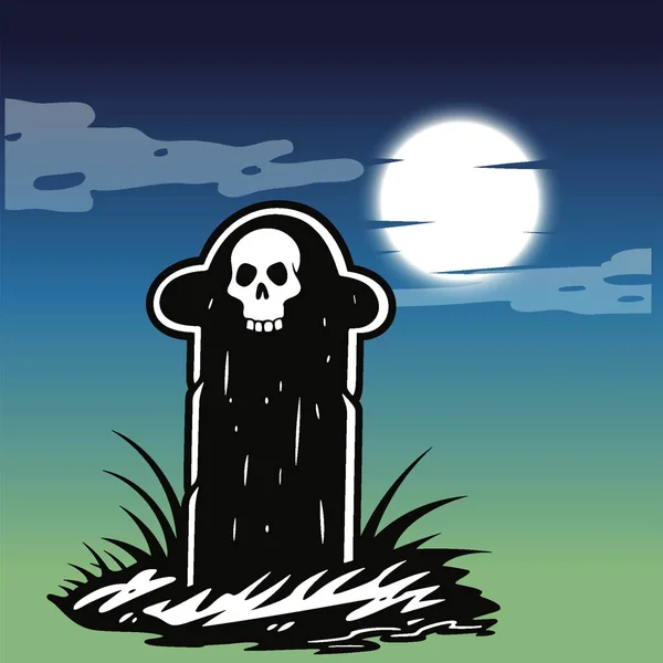 Gece Vakti Tombstone Daki Ürkütücü Kafatası — Stok Vektör