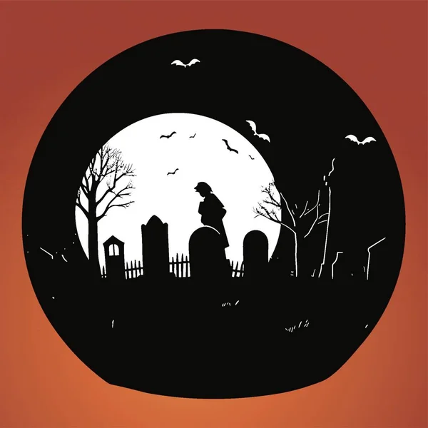Silhueta Uma Mulher Cemitério Noite — Vetor de Stock