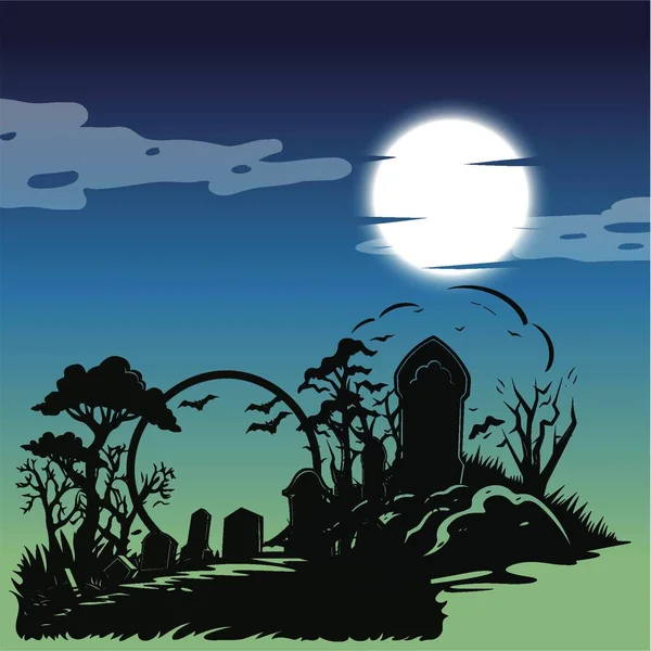 Silhueta Cemitério Abaixo Uma Lua Cheia — Vetor de Stock