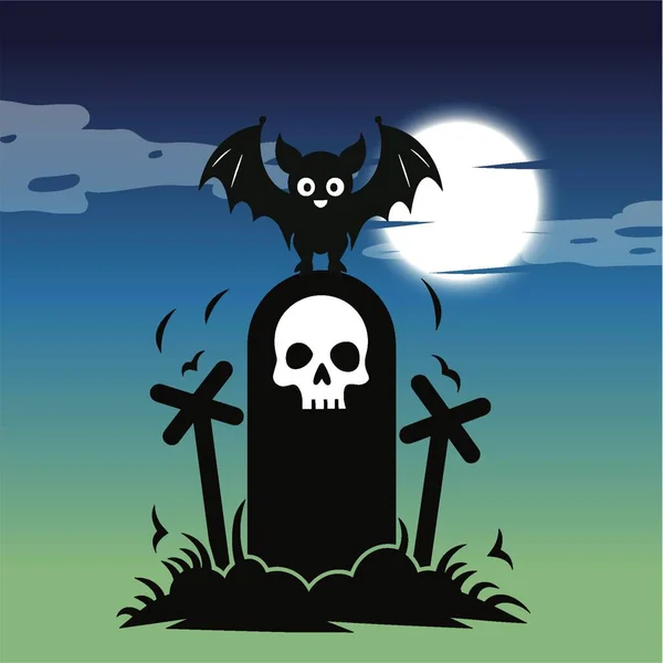 Spooky Bat Skull Tombstone Night — Stock Vector