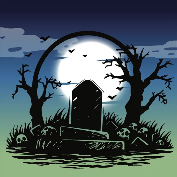 Cena Assustadora Cemitério Com Lua Cheia Morcegos — Vetor de Stock