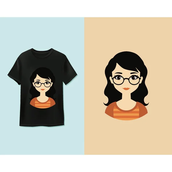 Γελοιογραφία Κορίτσι Γυαλιά Μαύρο Μπλουζάκι — Διανυσματικό Αρχείο