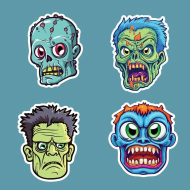 Çeşitli Ten Renkleri, Giysileri ve İfadeleri olan Dört Çizgi Roman Zombisi Çıkartması