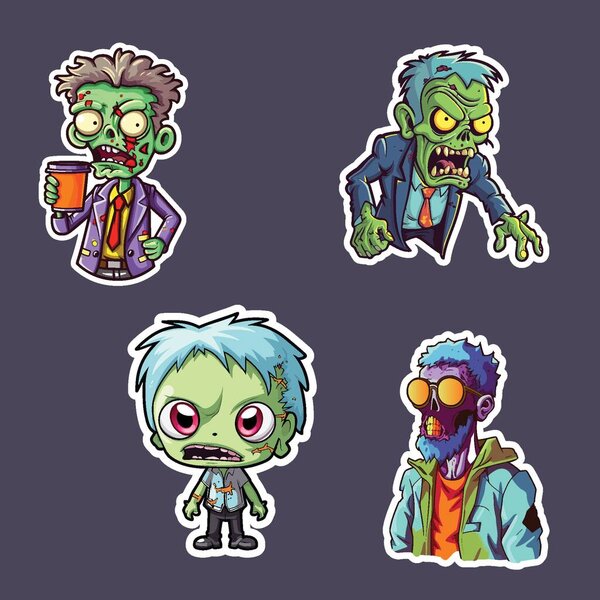 Zombie Sticker Collection, Four Different Expressive Zombie Designs