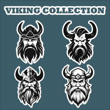 Mavi arkaplanda dört çıkartmalı Viking kafası.