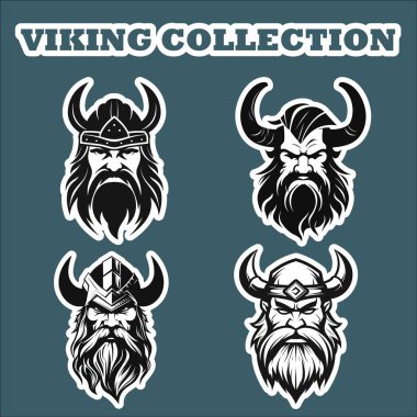 Mavi arkaplanda dört çıkartmalı Viking kafası.