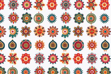 Turuncu, Yeşil ve Mavi Çiçekli Renkli Çiçek Deseni