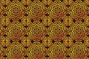 Koyu Kahverengi Arkaplanda Simetrik Çiçeklerle Sarı ve Kahverengi desenli