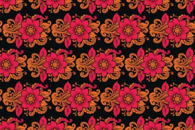 Siyah Arkaplanda Ayrıntılı Pembe ve Turuncu Çiçeklerin Çapraz Deseni