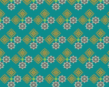 Teal Arkaplanda Turuncu ve Beyaz Çiçekli Çiçek Deseni