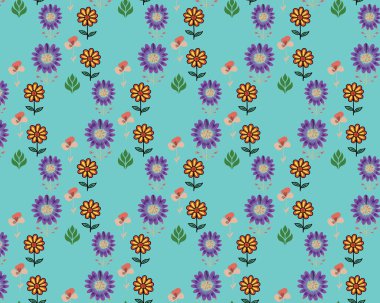 Açık Mavi Arkaplan Üzerinde Sarı Merkezli Çapraz Turuncu ve Mor Çiçekler