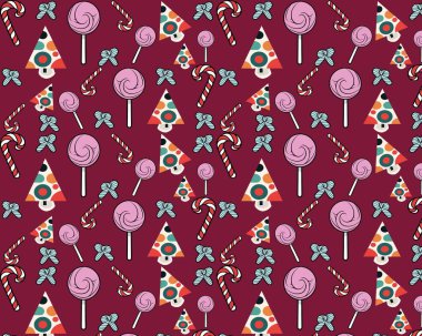 Çok Renkli Parti Şapkaları ve Maroon Arkaplan Şekeri Üzerinde Çeşitli Şekerler