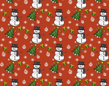 Kırmızı Arkaplanda Kardan Adam ve Noel Ağacı Şablonu