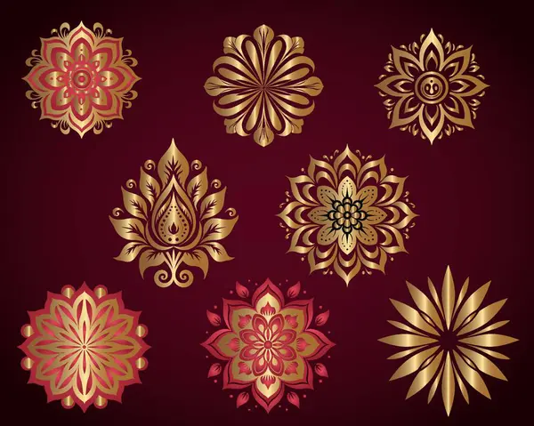 Maroon Mandala Mozaika Kolekce Zlaté Květinové Symetrie Royalty Free Stock Vektory