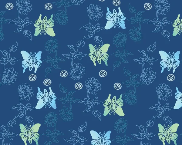 Elegantní Motýli Květiny Tmavě Modrém Vzoru Stock Vektory