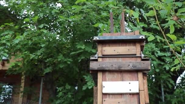 Beton Sütunların Inşası Sırasında Ahşap Işlemeler Sabitlenir Yeşil Ağaçlar Arka — Stok video