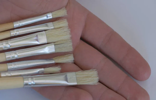 Paint Brushes Hand White Background Closeup Photo — Stock Photo, Image