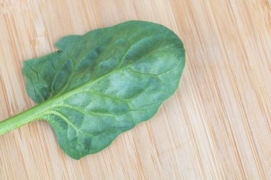 Ahşap arka planda ıspanak yaprakları. Seçici odak.